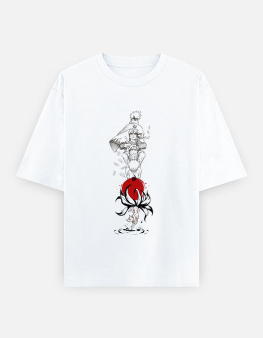 Unisex oversized Naruto Uzumaki graphic T-shirt featuring Japanese ink-style Hokage-inspired anime artwork