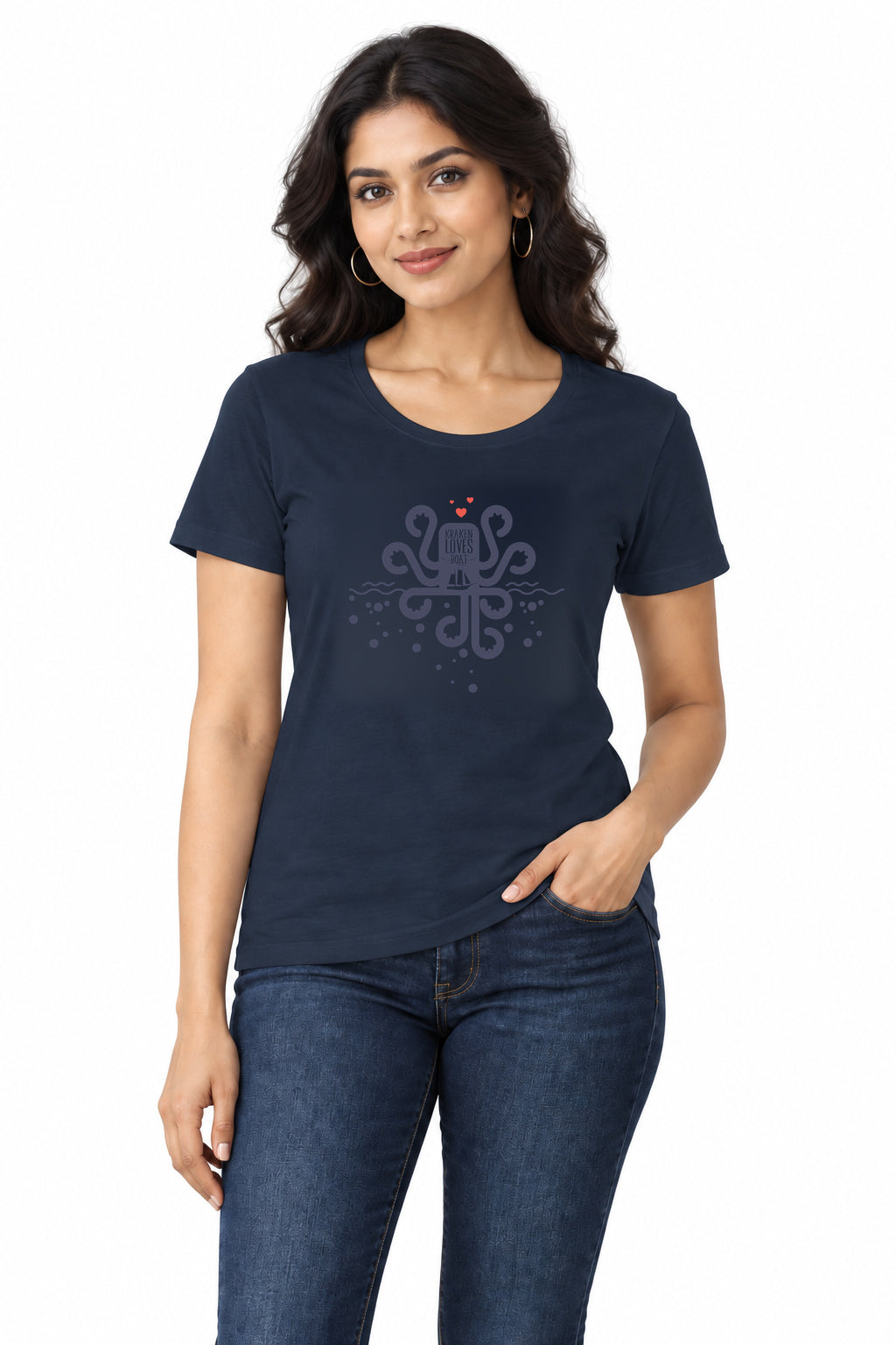 Kraken Loves Boat | Women’s Regular Fit Nautical Graphic T-Shirt