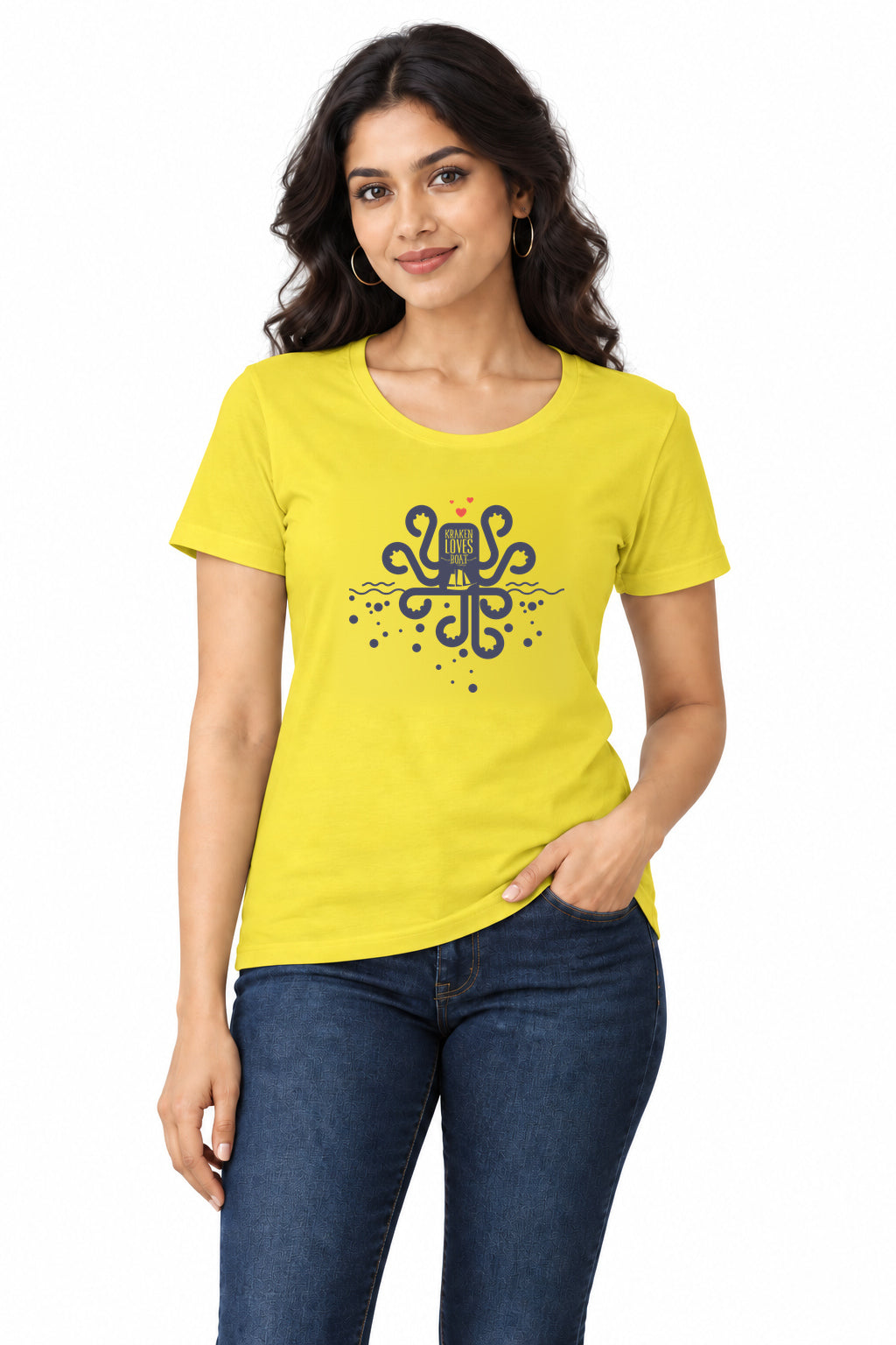 Kraken Loves Boat | Women’s Regular Fit Nautical Graphic T-Shirt