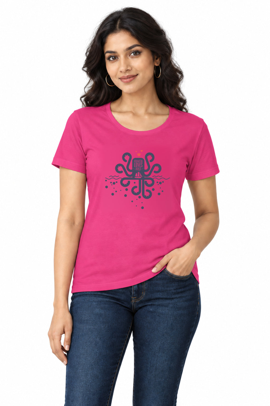 Kraken Loves Boat | Women’s Regular Fit Nautical Graphic T-Shirt