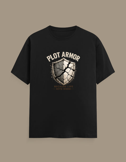 Plot Armor cracked shield regular fit unisex anime-inspired graphic T-shirt
