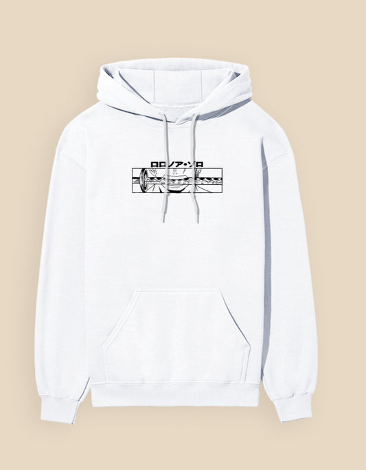 Unisex Roronoa Zoro One Piece anime graphic hoodie featuring minimalist manga artwork and Japanese typography
