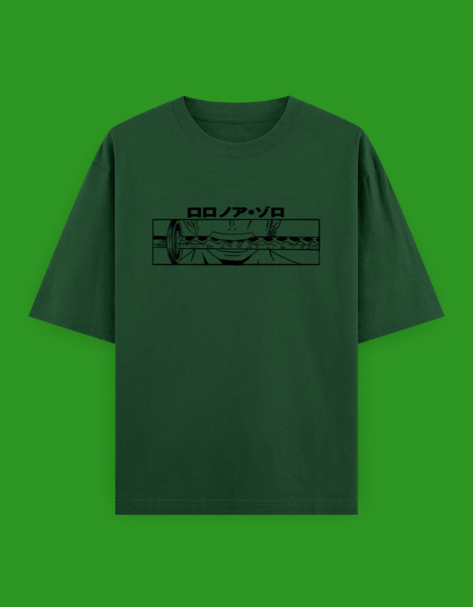 Unisex oversized Roronoa Zoro One Piece graphic T-shirt featuring minimalist manga artwork, sword imagery and Japanese typography