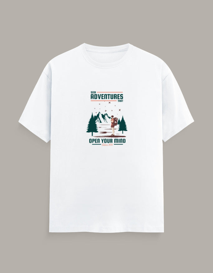 Seek Adventures regular fit T-shirt featuring a mountain, pine trees and explorer graphic