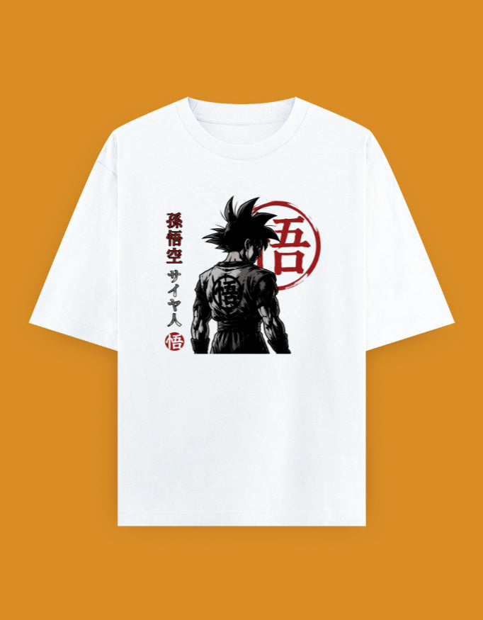 Son Goku Saiyan Japanese calligraphy graphic on an oversized unisex Dragon Ball T-shirt