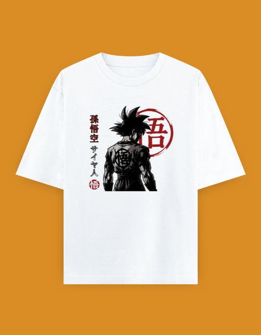 Son Goku Saiyan Japanese calligraphy graphic on an oversized unisex Dragon Ball T-shirt