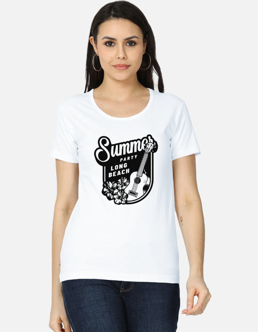 Women's regular fit graphic T-shirt featuring Summer Party Beach guitar and tropical flower artwork