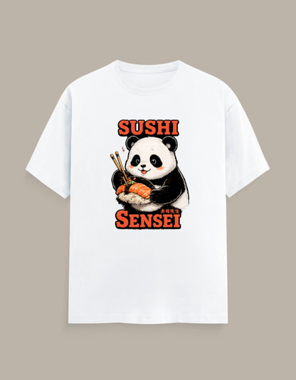 Sushi Sensei panda sushi graphic printed on a white unisex regular fit T-shirt