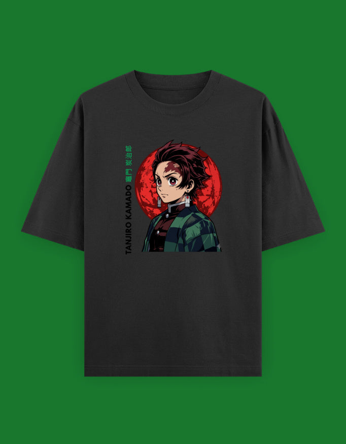 Tanjiro Kamado anime graphic on an oversized unisex Demon Slayer T-shirt