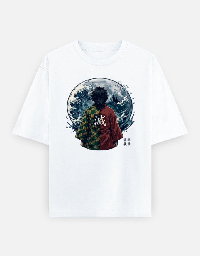 Tanjiro Kamado Demon Slayer wave portrait graphic on an oversized unisex T-shirt