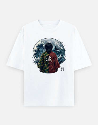 Tanjiro Kamado Demon Slayer wave portrait graphic on an oversized unisex T-shirt