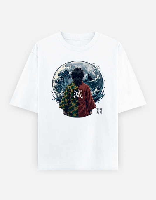 Tanjiro Kamado Demon Slayer wave portrait graphic on an oversized unisex T-shirt
