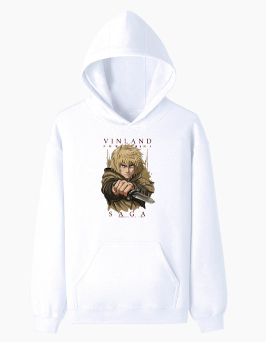 Thorfinn Karlsefni from Vinland Saga holding a dagger on a white unisex regular fit hoodie